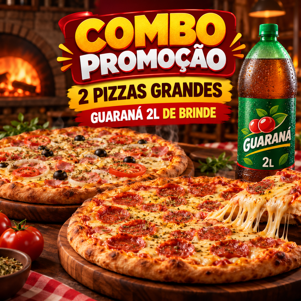 Combo promoção com duas pizzas grandes e Guaraná 2 litros de brinde